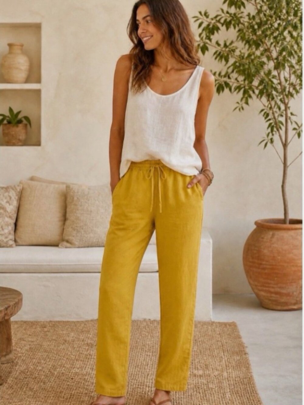 NWT J. Jill Chartreuse Golden Coin Linen Beachcomber Pants